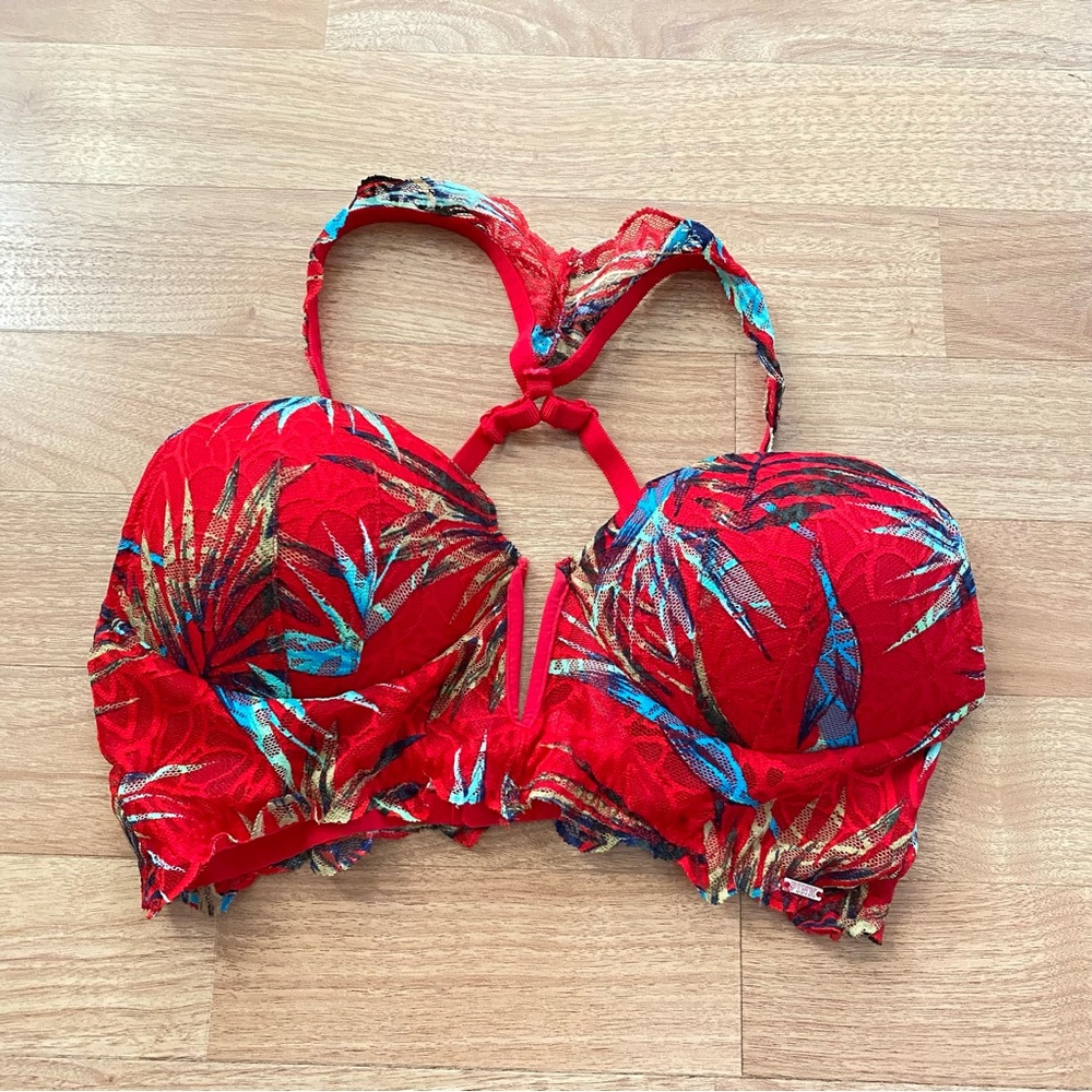 PINK Red Tropical Print Lace Bra